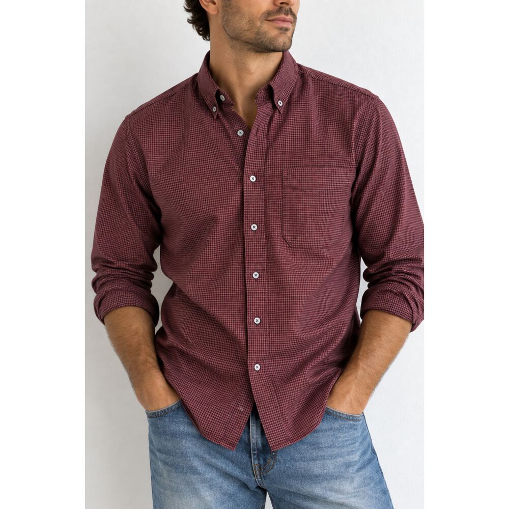 L.L.Bean Men’s S Burgundy Micro Check Button Down Shirt 100% Cotton Preppy